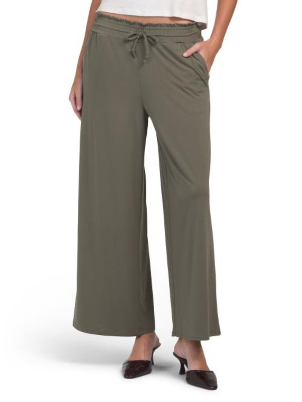 ELLEN TRACY Olive Wide Leg Pants With Smocked Waist